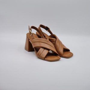 SANDALO DONNA TACCO MEDIO PELLE CUOIO