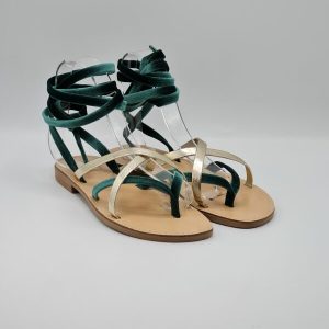 LATIKA SANDALO BASSO INFRADITO VELLUTO VERDONE PELLE PLATINO