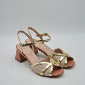 MONDIE’ SANDALO TACCO MEDIO  PELLE ROSE PLATINO E LINO BEIGE