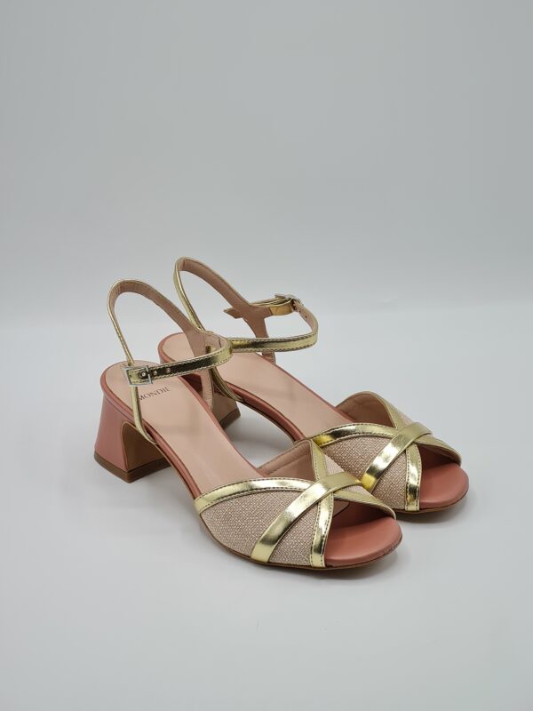 MONDIE’ SANDALO TACCO MEDIO PELLE ROSE PLATINO E LINO BEIGE