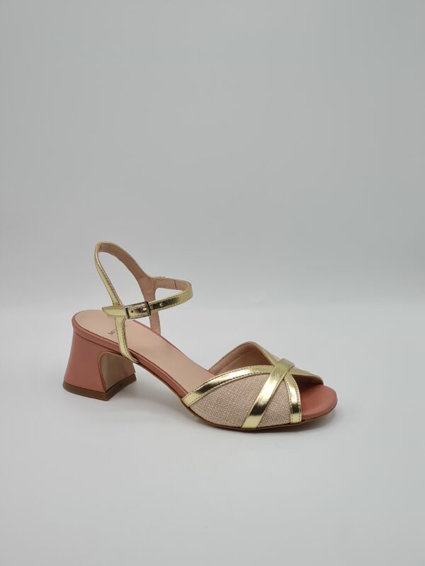 MONDIE’ SANDALO TACCO MEDIO PELLE ROSE PLATINO E LINO BEIGE - immagine 4