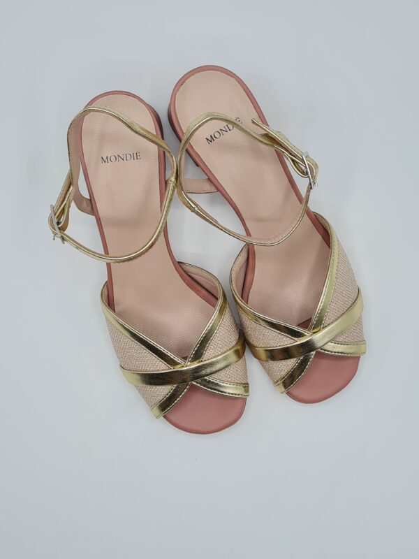 MONDIE’ SANDALO TACCO MEDIO PELLE ROSE PLATINO E LINO BEIGE - immagine 3