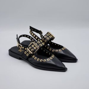 CROWN SLINGBACK PELLE NERO CON ANELLINI DORATI