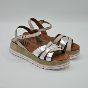 BUENO SANDALO PLATFORM PELLE BEIGE E LAMINATO ARGENTO