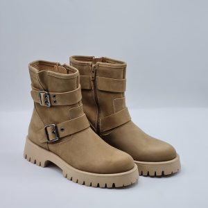 FRAU STIVALETTI IN NABUK BEIGE CON FIBBIE E SUOLA CARRO