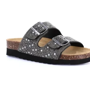 GRUNLAND CIABATTA DUE FIBBIE GLITTER NERO E MICRO-PERLE