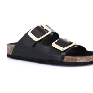 GRUNLAND CIABATTA PELLE NERO MAXI FIBBIA ORO