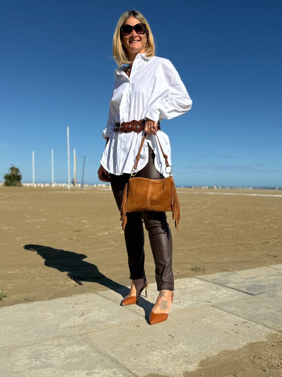 BORSA VERA PELLE ANELLI E FRANGE SCAMOSCIATA - immagine 5