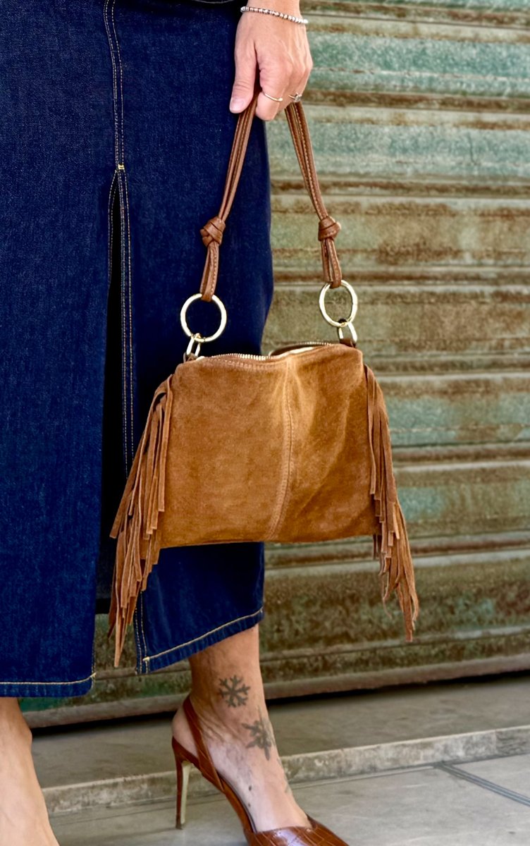 BORSA VERA PELLE ANELLI E FRANGE SCAMOSCIATA - immagine 3