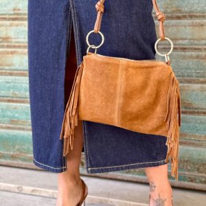 BORSA VERA PELLE ANELLI E FRANGE SCAMOSCIATA