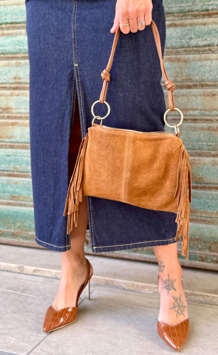 BORSA VERA PELLE ANELLI E FRANGE SCAMOSCIATA - immagine 2