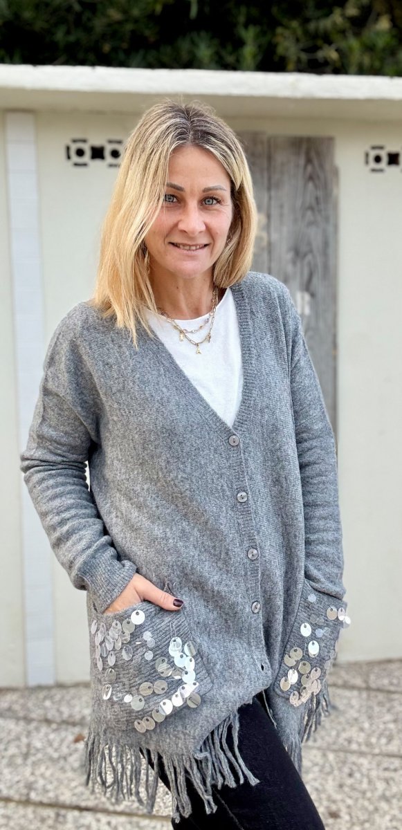 CARDIGAN MISTO LANA FRANGE E PAILETTES - immagine 2