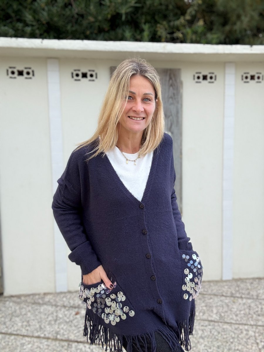 CARDIGAN MISTO LANA FRANGE E PAILETTES - immagine 3