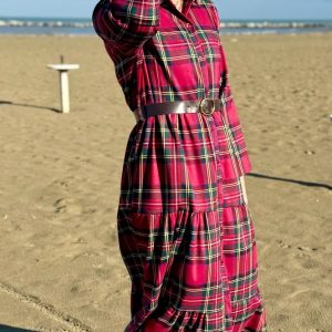 ABITO LUNGO IN TARTAN CON ALLACCIATURA DAVANTI