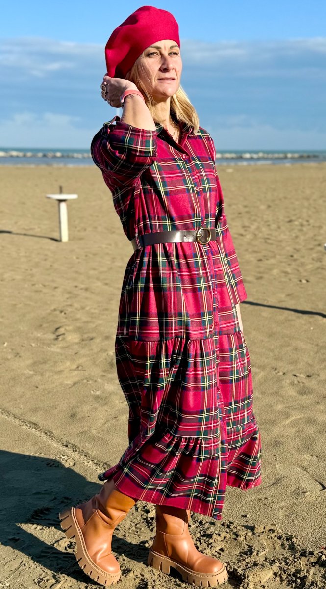 ABITO LUNGO IN TARTAN CON ALLACCIATURA DAVANTI