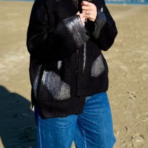 CARDIGAN SENZA BOTTONI CON SPALMATURA ARGENTO
