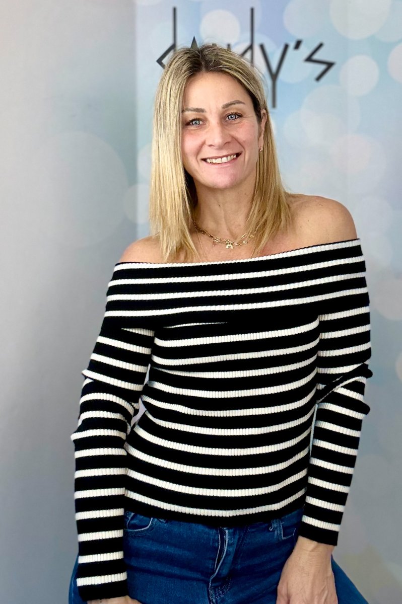 MAGLIONCINO SCOLLO BARDOT A COSTINE RIGATA