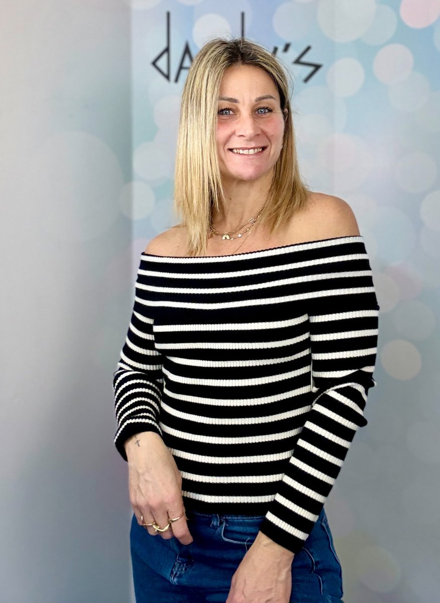 MAGLIONCINO SCOLLO BARDOT A COSTINE RIGATA - immagine 3