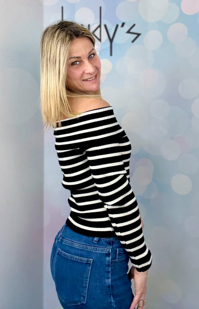 MAGLIONCINO SCOLLO BARDOT A COSTINE RIGATA - immagine 4