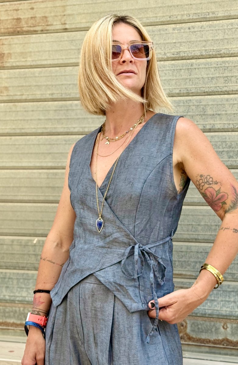 COMPLETO CON GILET INCROCIATO E PANTALONE PALAZZO - immagine 3