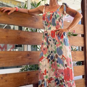 ABITO LUNGO CORPETTO ELASTICIZZATO SPALLINE FIOCCO