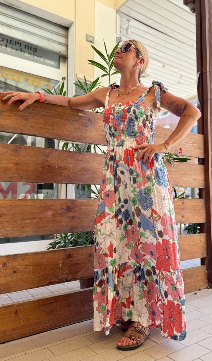 ABITO LUNGO CORPETTO ELASTICIZZATO SPALLINE FIOCCO - immagine 2