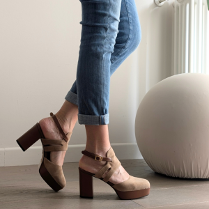 Décolleté slingback con plateau e tacco a blocco Tracy in camoscio sabbia e nappa cuoio