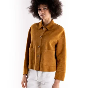 Giacca donna in camoscio taglio vivo cognac