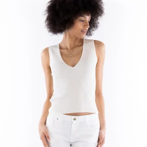 Top smanicato Agner a costine bianco