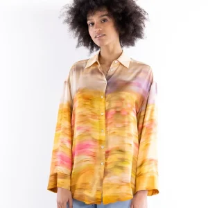 Camicia Life in satin con stampa paesaggio multi beige