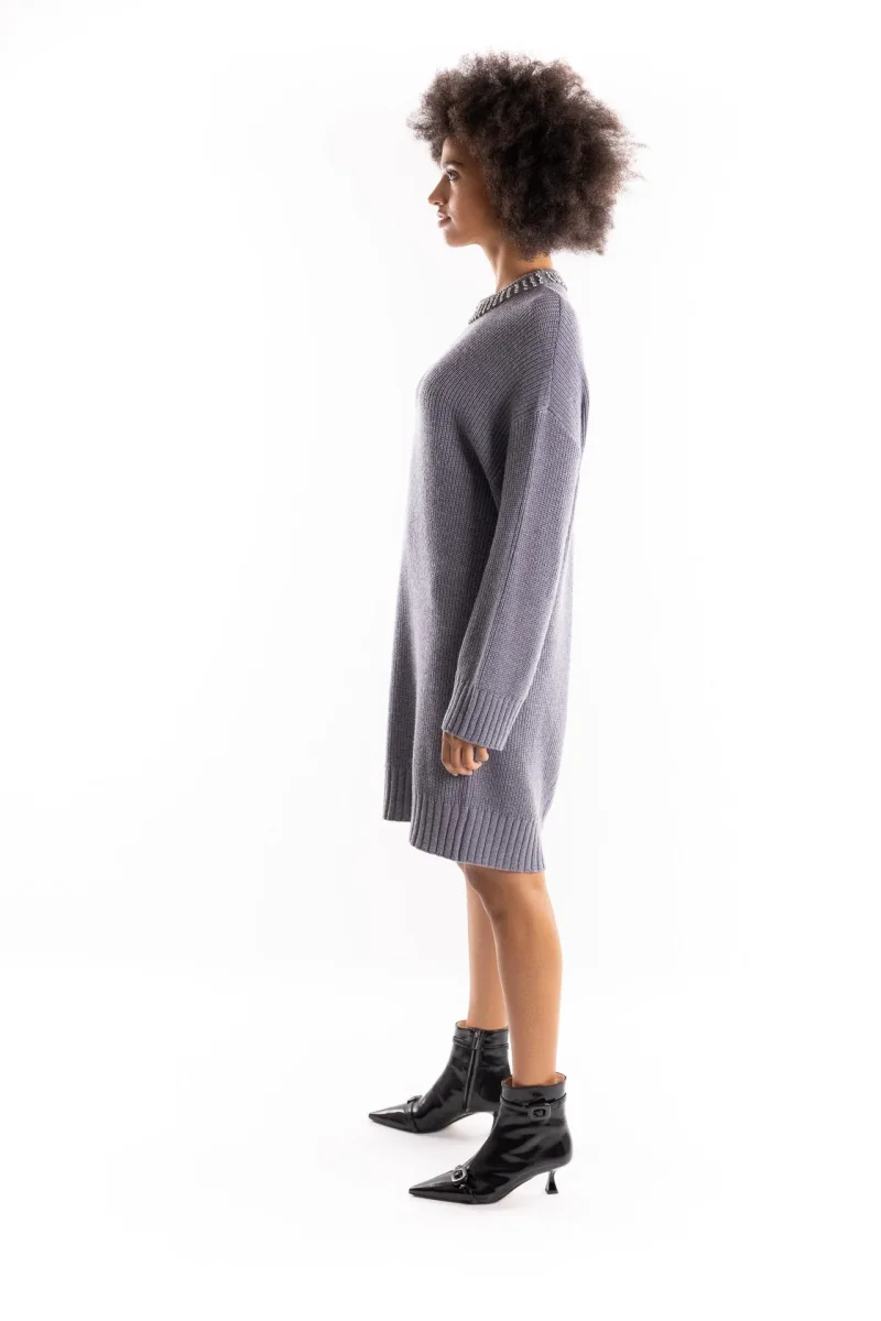 Abito in maglia Ask grigio con collo strass - immagine 3