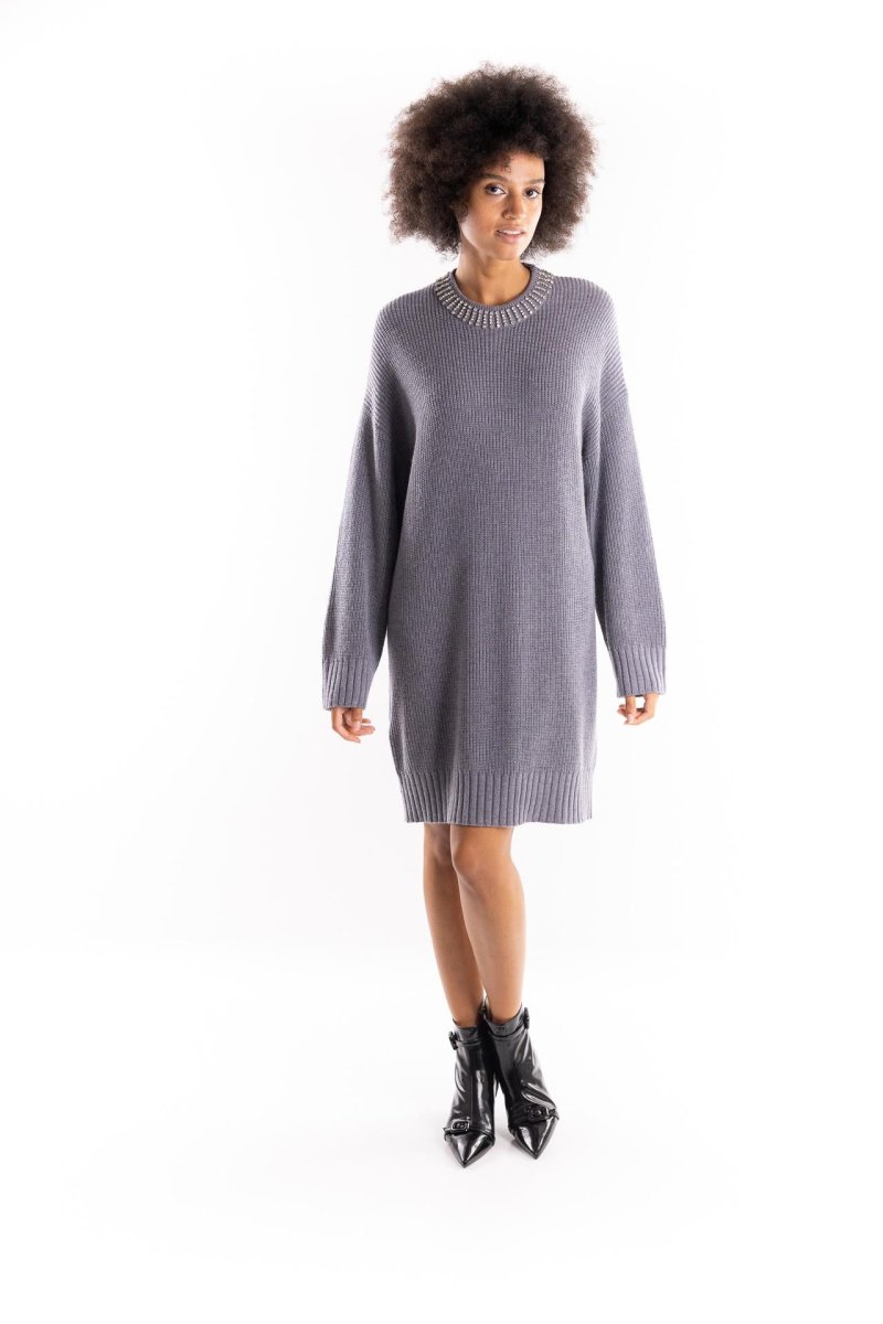 Abito in maglia Ask grigio con collo strass - immagine 2