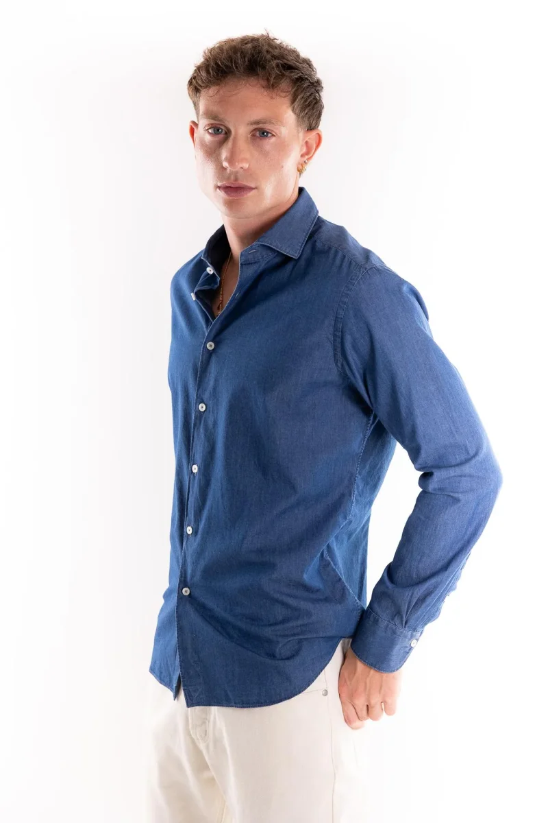 Camicia collo francese in tela denim blu - immagine 3