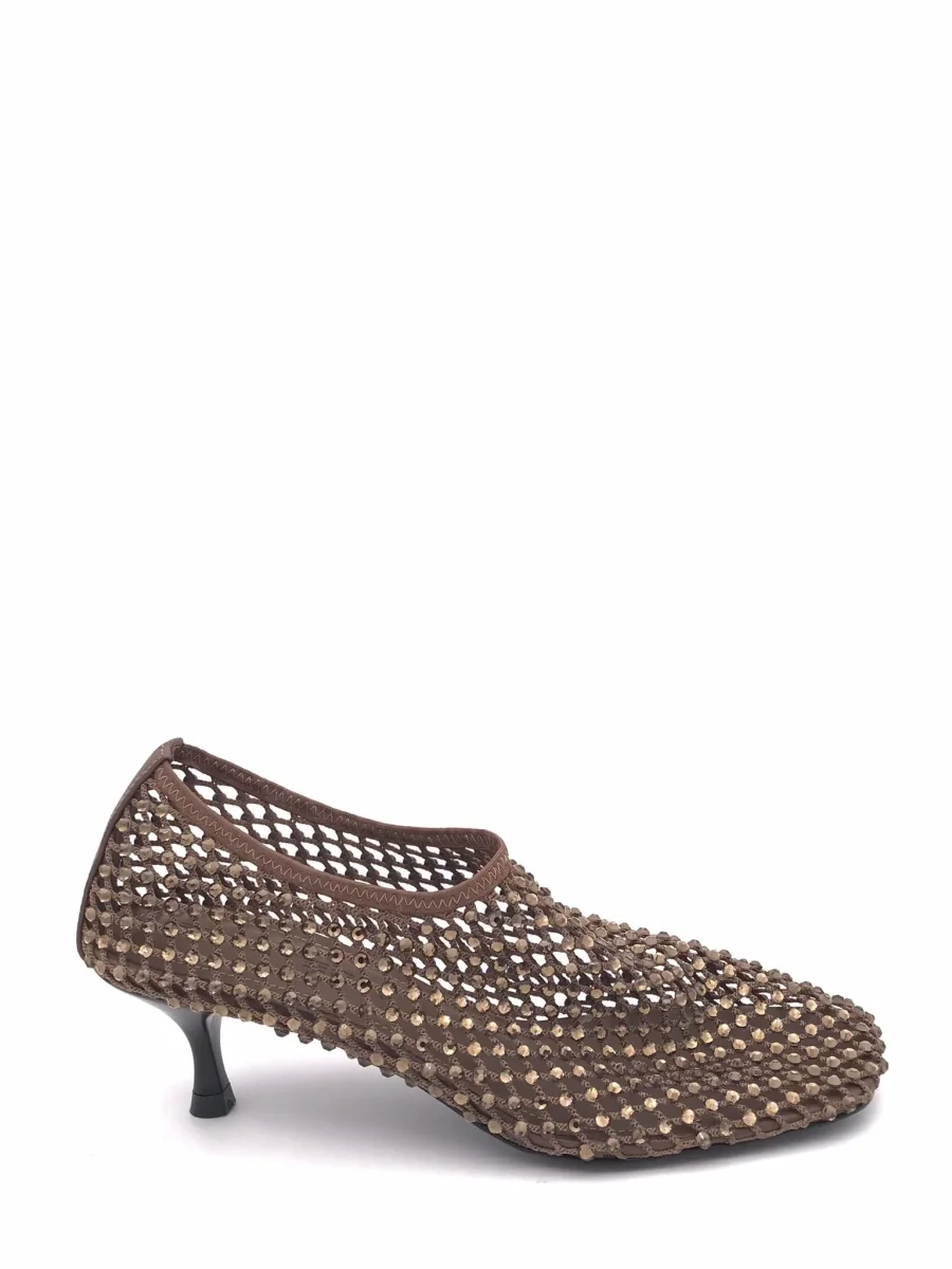 Scarpa accollata in rete strass marrone