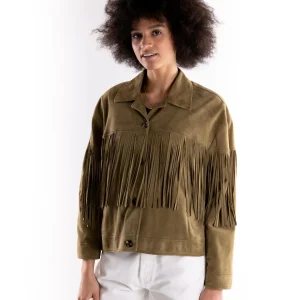 Giacca donna camoscio salvia con frangie