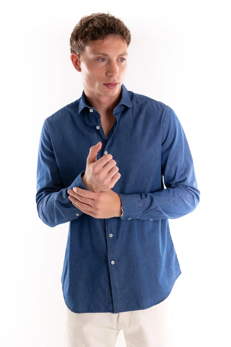 Camicia collo francese in tela denim blu