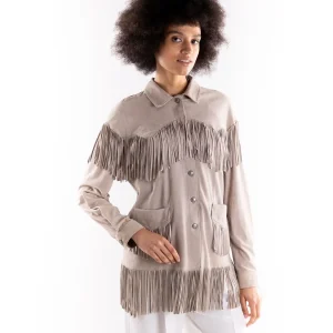 Giacca-camicia donna in camoscio sabbia con frangie