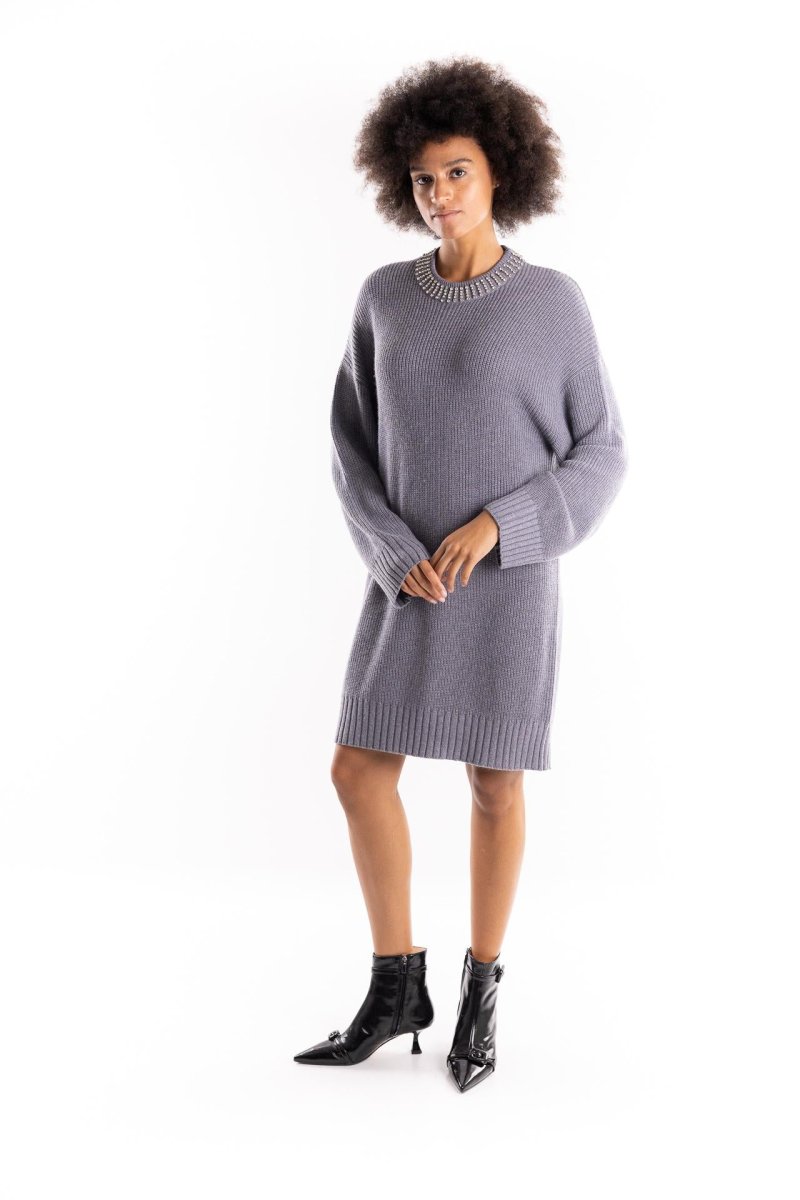 Abito in maglia Ask grigio con collo strass - immagine 7