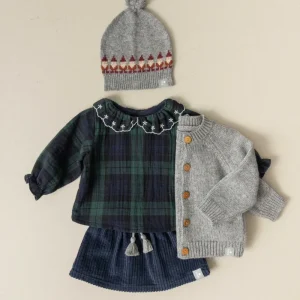 Blusa Quadri Bambina Cotone Organico 100% - Collo Arricciato Ricamo Lana Bottone Legno Snug