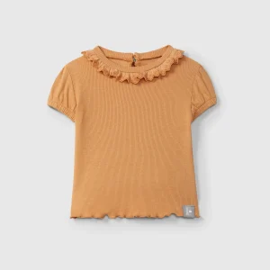 T-shirt in jersey a costine e colletto con ricamo inglese